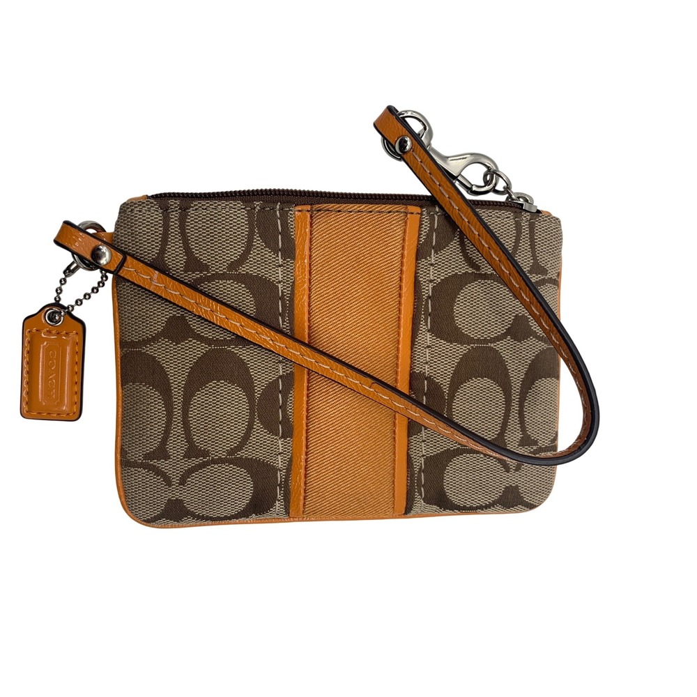 Coach Signature C Wristlet Brown Orange Stripe Jacquard Leather Trim Pouch Bag